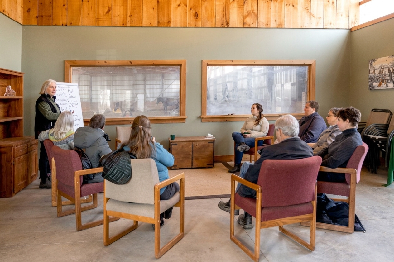CLC Group in Meeting Room Group of people sitting in chairs around a facilitator with a flip chart, they are in a rustic room with a window behind where you can see horses.